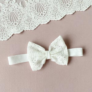 Baby baptism headband, baby girl headband with a bow, ivory lace bow headband, baptism favors image 1