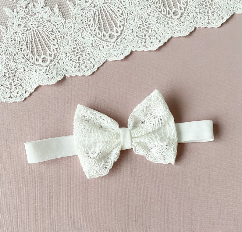 Baby baptism headband, baby girl headband with a bow, ivory lace bow headband, baptism favors image 1