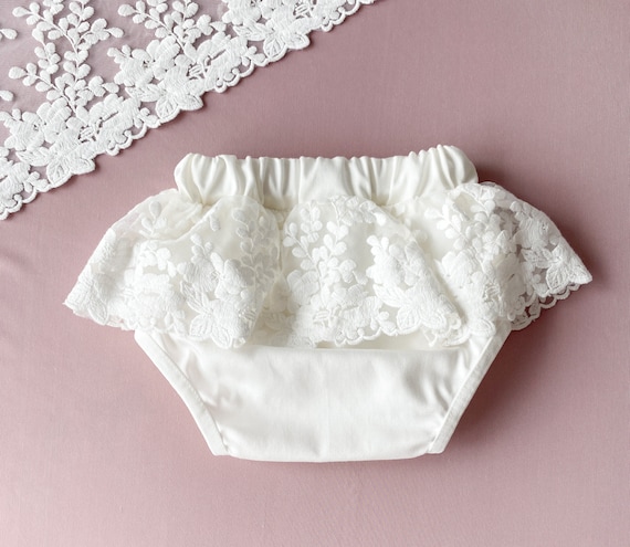 Baby Girls White Frilly Cotton Lace Pants Over Nappy Bow Knickers