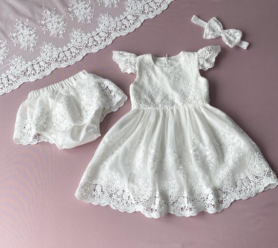 Baby Girl Christening Lace Dress: Cotton Baptism Gown, Bloomers & Shoes