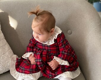 Baby Christmas Plaid Dress: Handmade Red Holiday Gown for Baby Girl Baby Christmas Plaid Dress: Handmade Red Holiday Gown for Baby Girl