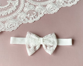 Baby girl headband for baptism, lace baptism bonnet, christening headband with a bow