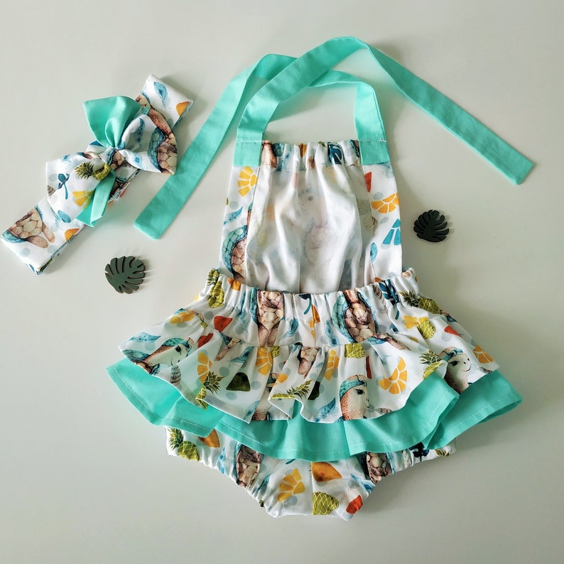 Summer girl cotton outfit turtle baby shower gift turtle shirt tropical dress