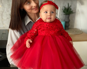 Christmas dress, red christmas outfit, lace red dress for girl, newborn baby christmas dress, tulle christmas dress