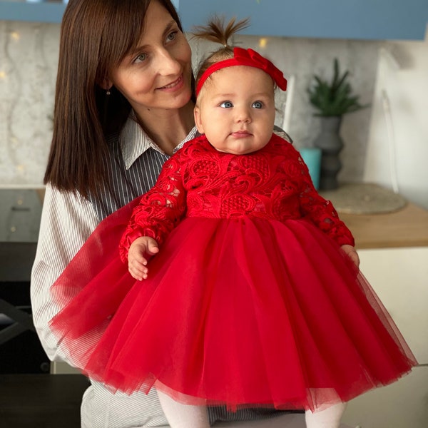 Christmas dress, red christmas outfit, lace red dress for girl, newborn baby christmas dress, tulle christmas dress