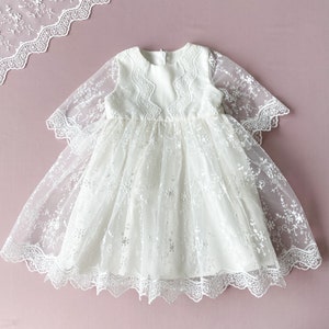 Ivory Floral Lace Baptism Dress: Natural Cotton Christening Gown