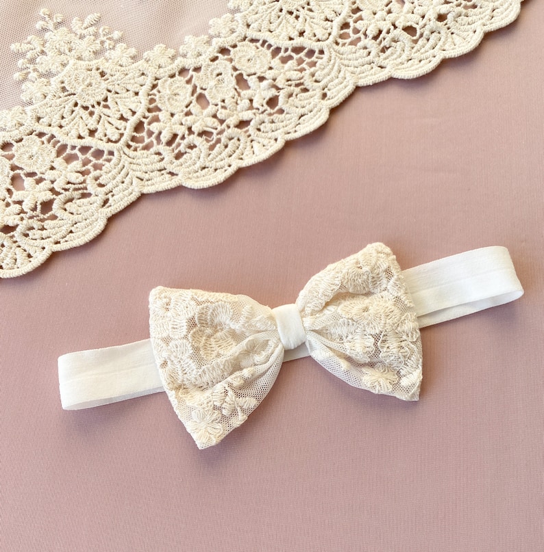 Baby baptism headband with a bow, lace baby headband, christening headband image 4