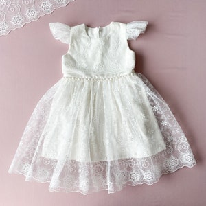 Ivory Baptism Dress: Floral Lace Christening Gown with Pearl Belt