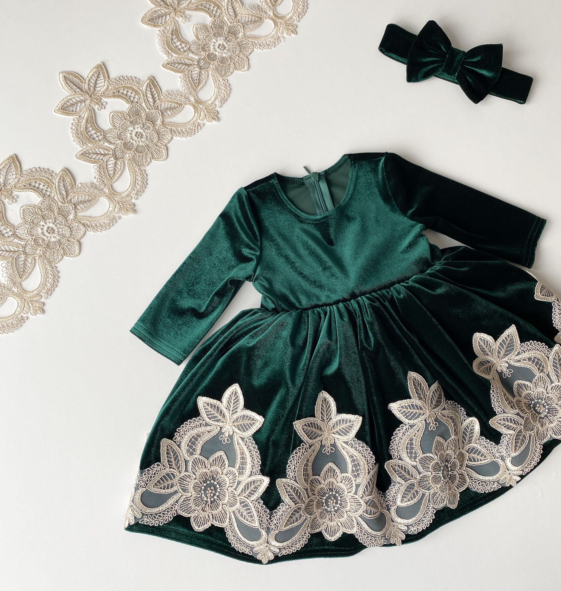 Green Velvet Christmas Dress: Handmade Holiday Outfit with Headband