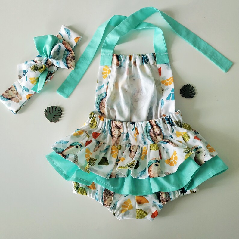 Summer girl cotton outfit turtle baby shower gift turtle shirt tropical dress