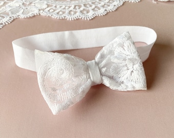 Christening headband, lace bow, ivory baptism headband