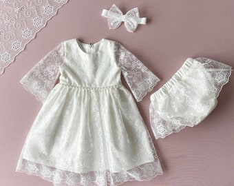 Ivory Floral Lace Baptism Gown: Cotton Christening Dress Set