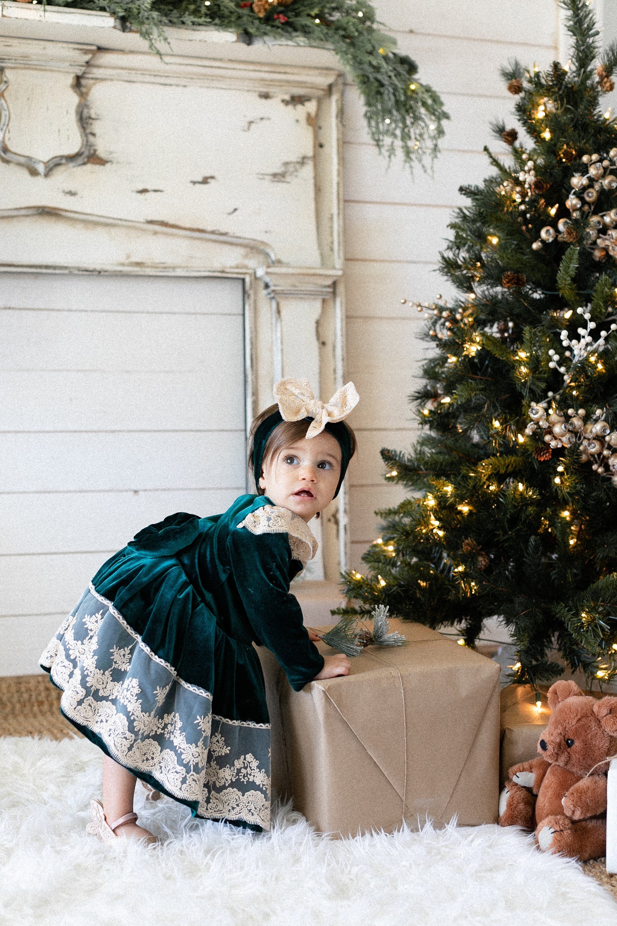 Emerald Green Velvet Christmas Dress: Toddler Holiday Outfit with Headband