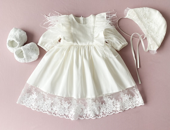 simple cotton baptism dress Baby Girl Baptism Outfit: Ivory Cotton Dress, Booties & Bonnet