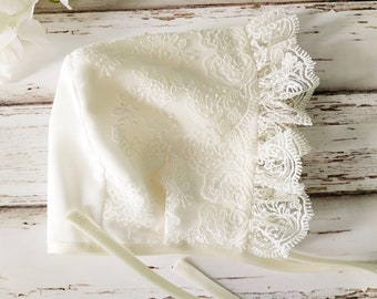 Ivory Lace Baptism Bonnet: Handmade Christening Girl Hat