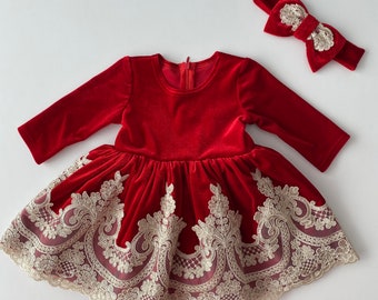 Burgundy red Christmas dress, toddler christmas dress, baby girl Christmas dress with gold lace, first Christmas dress, holiday dress