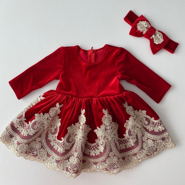 Burgundy red Christmas dress, toddler christmas dress, baby girl Christmas dress with gold lace, first Christmas dress, holiday dress