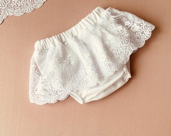 White Lace Baby Bloomers: Ruffle Cotton Pants