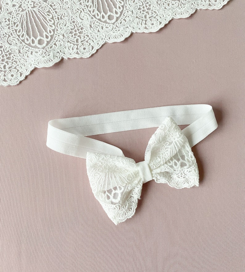 Baby baptism headband, baby girl headband with a bow, ivory lace bow headband, baptism favors image 4