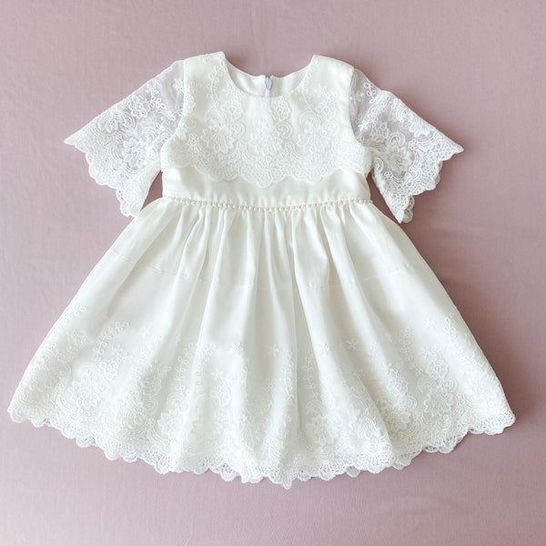 Baby girl baptism dress with pearls, pearl dress baby girl, baptism dress for toddler girl, christening dress, ivory lace dress for baby