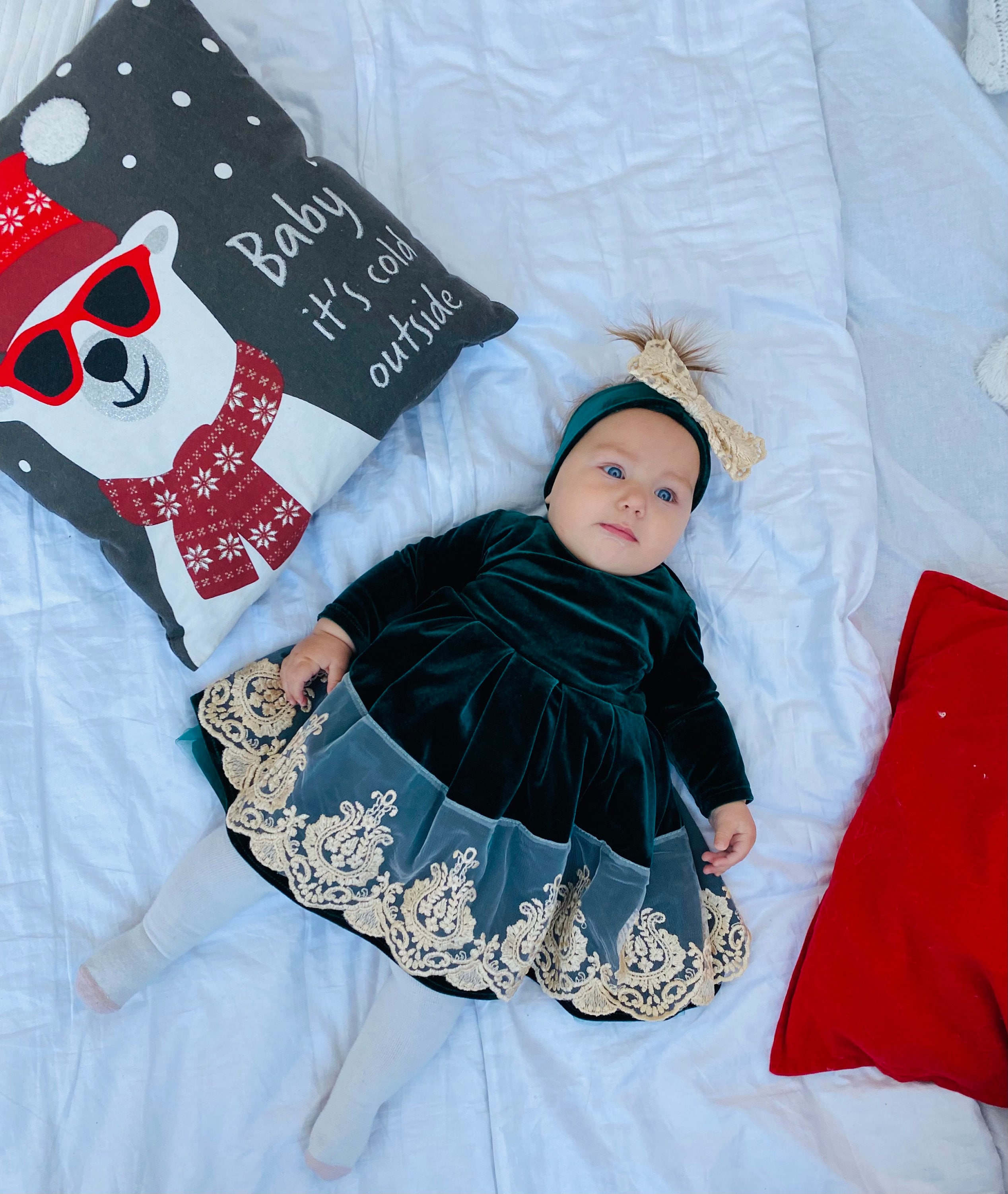 Green Velvet Christmas Dress: Baby Girl Holiday Outfit