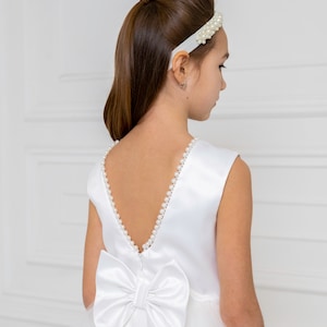 Flower girl dresses satin, pearls flower girl dresses, ivory flower girl dress, tulle flower girl dress