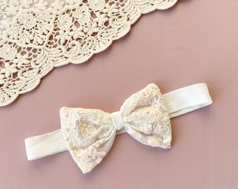 Baby baptism headband with a bow,  lace baby headband, christening headband