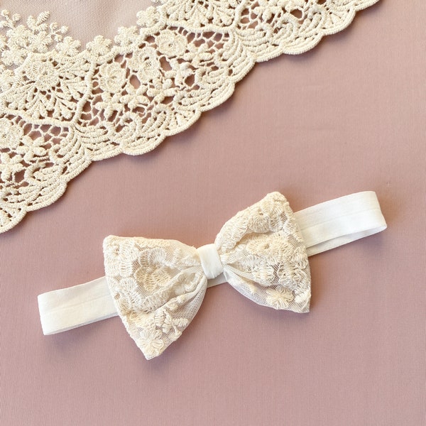 Baby baptism headband with a bow,  lace baby headband, christening headband