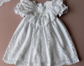Floral Lace Christening Gown, Cotton Baptism Dress, Blessing Outfit Gift, Baby Girl Dedication Set