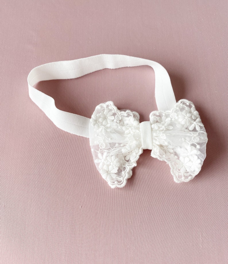 Baptism Headband For Baby Girl Headband Bow Lace Baby Girl Baptism Headband image 1