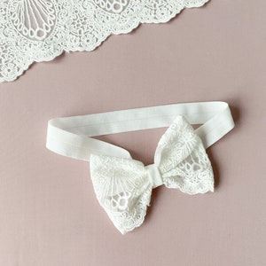 Baby baptism headband, baby girl headband with a bow, ivory lace bow headband, baptism favors image 3