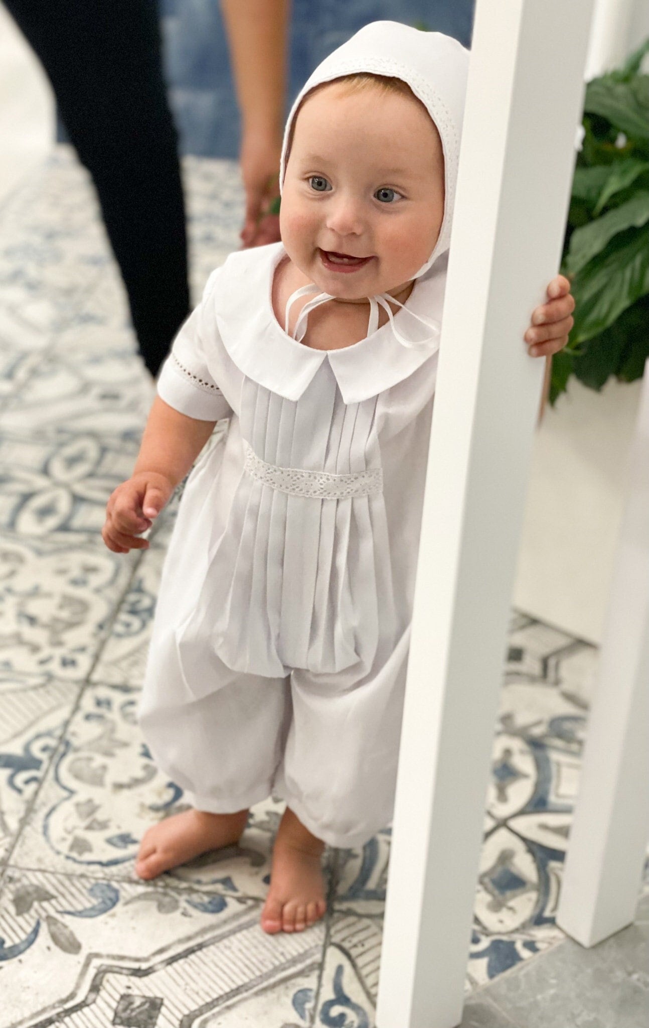 White Cotton Baby Boy Baptism Outfit with Bonnet