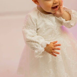Floral Lace Christening Dress: Ivory Cotton Baptism Gown