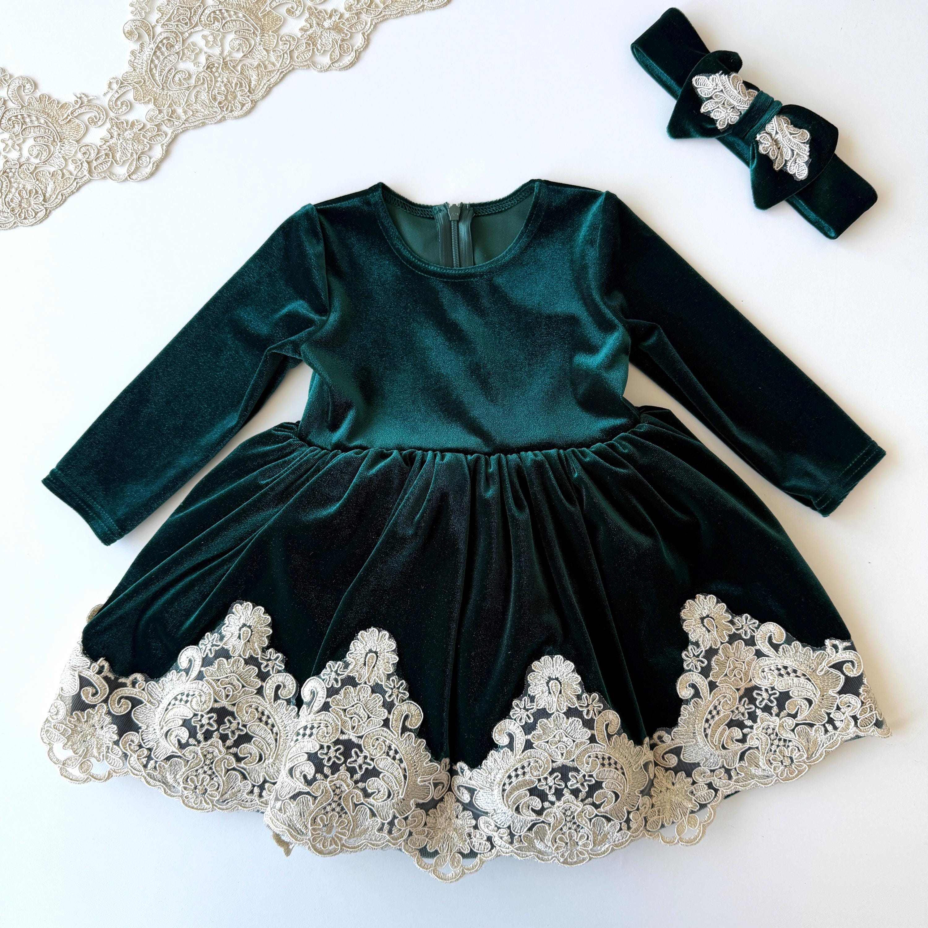Green Velvet Baby Dress: Christmas Girl Outfit Green Velvet Baby Dress: Christmas Girl Outfit