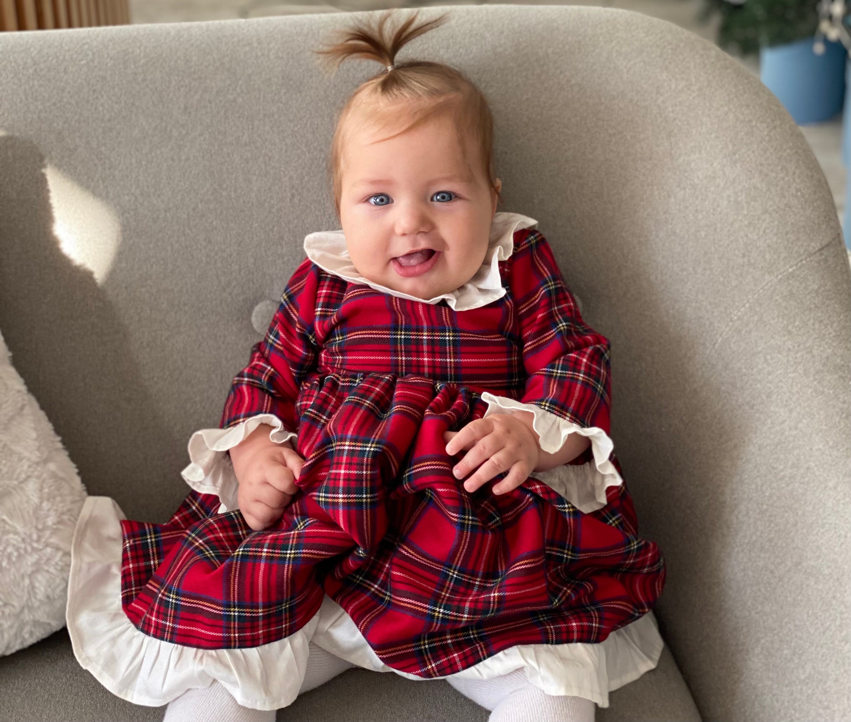 Baby Christmas Plaid Dress: Handmade Red Holiday Gown for Baby Girl