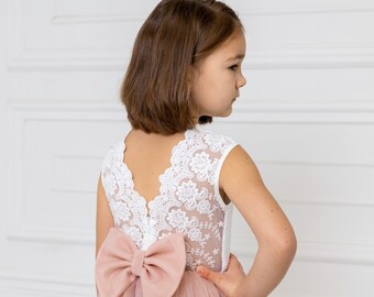 Blush Tulle Flower Girl Dress: Ivory Lace, V-Back Bow