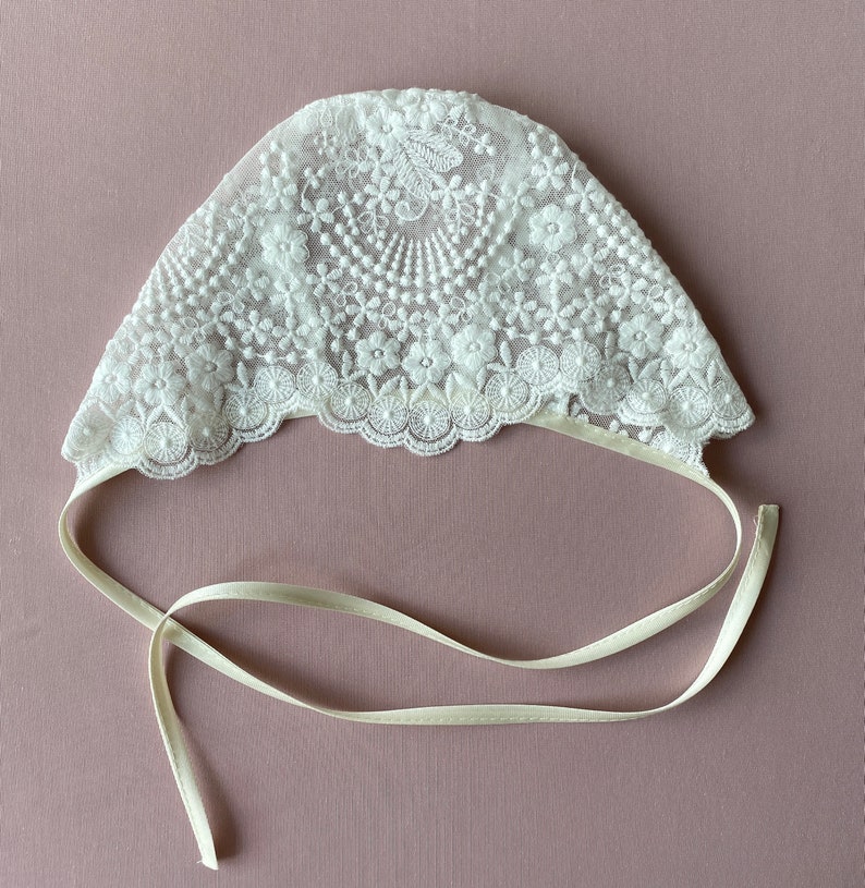 Baptism hat, baptism bonnet, christening bonnet, lace bonnet image 3