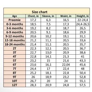 May include: Size chart for baby clothes showing age, chest, sleeve, waist, and height measurements in inches.