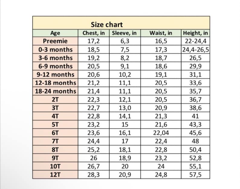 May include: Size chart for baby clothes showing age, chest, sleeve, waist, and height measurements in inches.