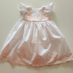 Baby Girl Christening Dress: White Satin, Pink Lace