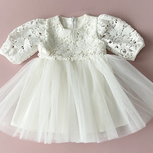 Ivory Lace Baptism Dress: Tulle Skirt Christening Gown