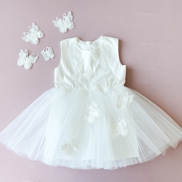 Butterfly dress baby girl, baptismal dress toddler, wedding girl dress, flower girl dress, first communion dress