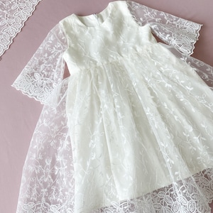 Ivory Floral Lace Christening Dress: Natural Cotton Baptism Gown