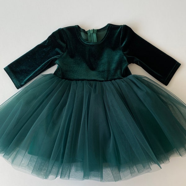 Toddler christmas dress, christmas dress baby girl, green velvet baby dress, emerald green dress, green christmas dress