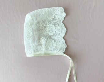 Ivory Lace Christening Bonnet: Natural Cotton Baptism Hat