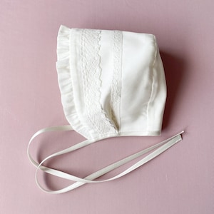 Lace Baptism Bonnet: Natural Cotton Baby Girl Christening Bonnet