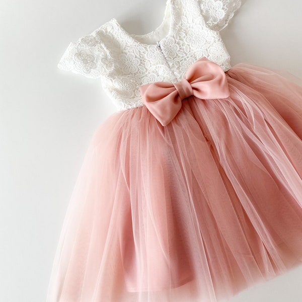 Baby girl dress, blush flower girl dress, dusty rose pink flower dress, toddler tulle dress, baby girl first birthday dress