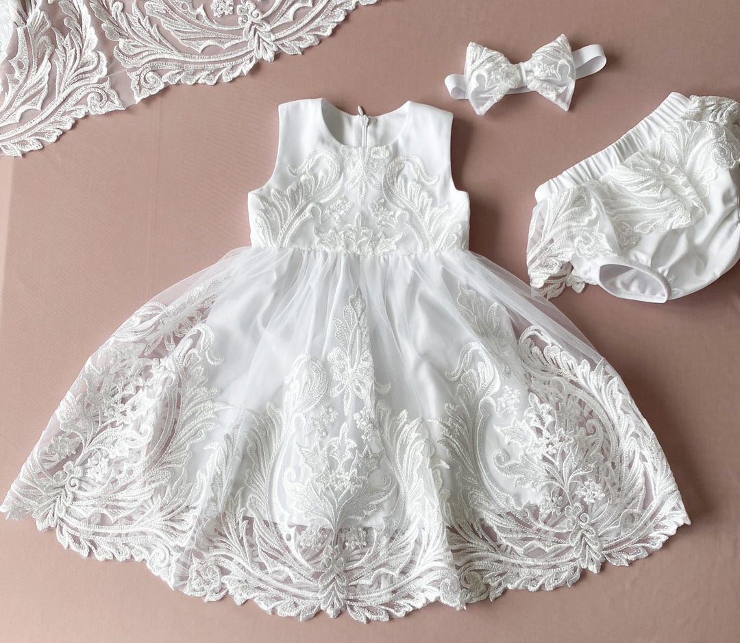 Short white Micado  Lace Top Christening Dress main image 0