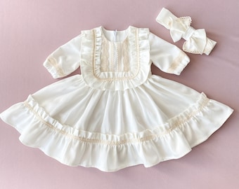 Lace Christening Gown: Boho Flower Girl Cotton Dress, Baptism Outfit