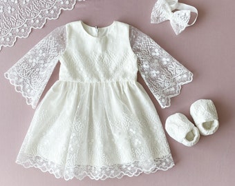 Ivory Floral Lace Christening Gown Set: Cotton Baptism Dress
